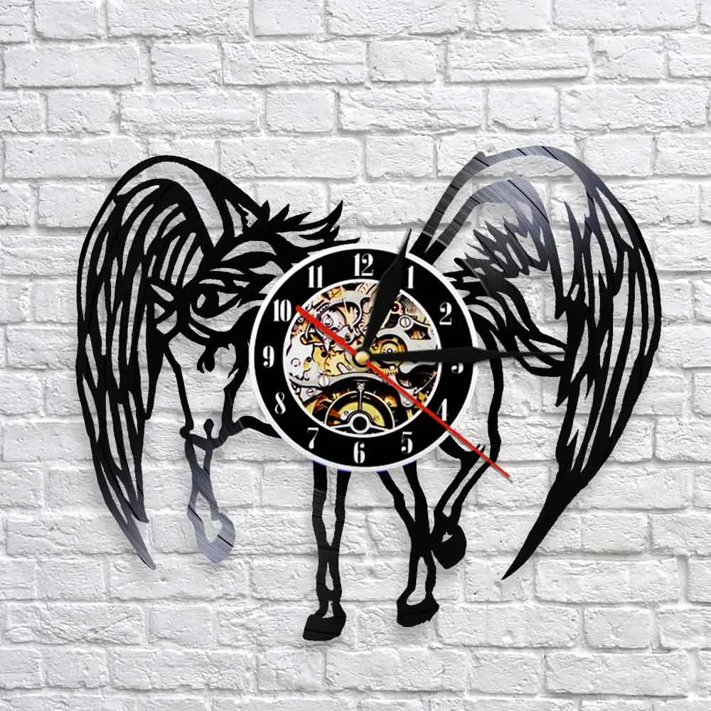Pegasus Vinyl Record Wall Clock Fantasy Animal Horse Home Decor Horse With Angel Wings Hanging Modern Watches Gift For Friend