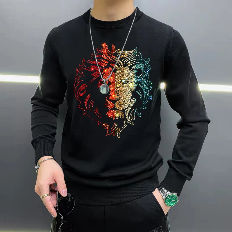 

New Design Arrival Winter Men's Sweater High Quality Hot Rhinestone O-Neck Casual Black And White Top Slim Lion Pattern