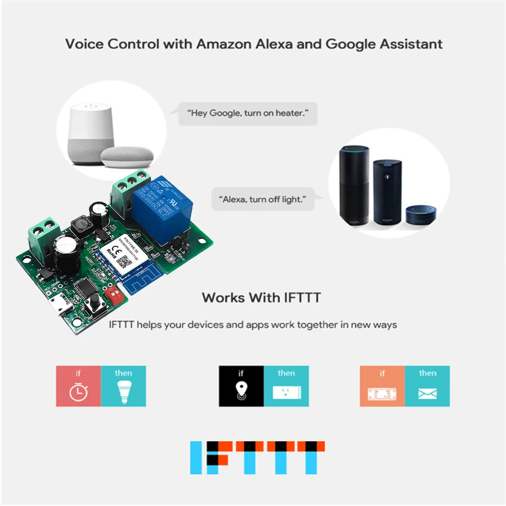 Tuya WiFi Wireless Relay Module Garage Single-way Inching Timer Switch Smart APP Remote Control Voice for Google Home Alexa