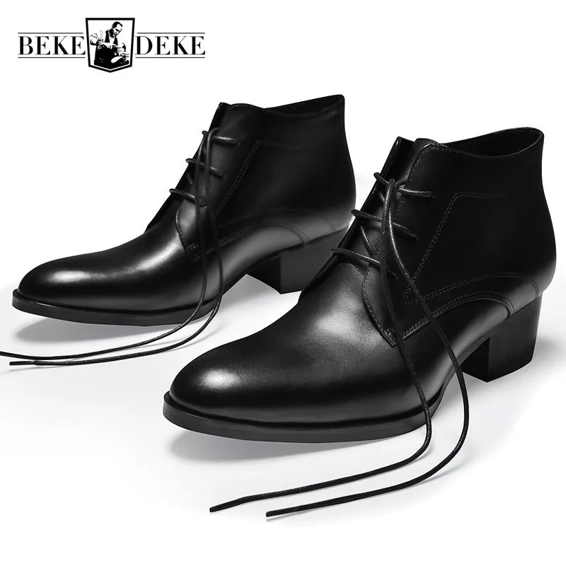 

Toe Black Spring Round Autumn Man Boots Lace Up High Heel Genuine Leather Work Boots 2023 Fashion Casual Warm Ankle Shoes