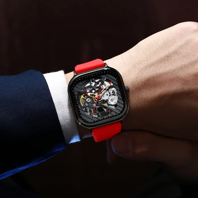 Ailang-男性用自動巻き時計,高級ブランド,シリコンストラップ,中空,正方形,2020