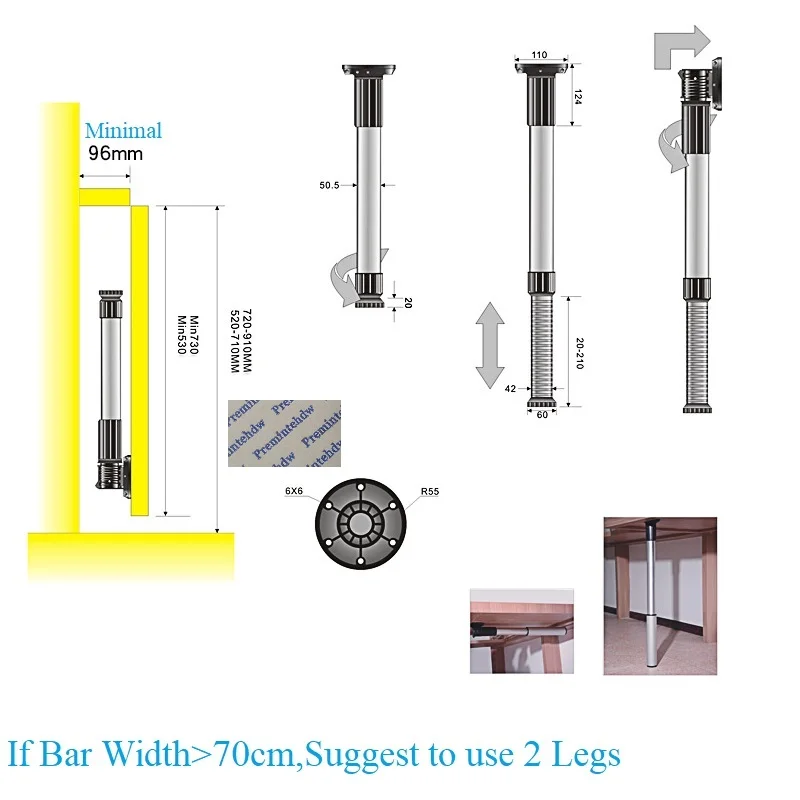 Round Aluminum Alloy Folding Height Adjustable Table Bar Leg RV Wall Mount Conceal Box