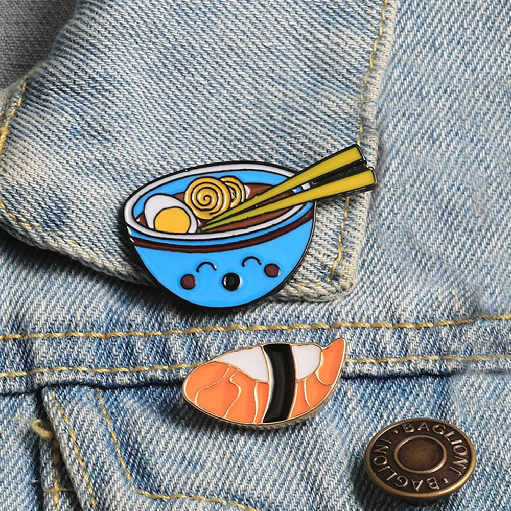 Japanese Cuisine Lunch Noodle Food Roll Salmon Brooch Enamel Pin Jacket Backpack Bag Reflective Pin Badge Fashion Children Gift