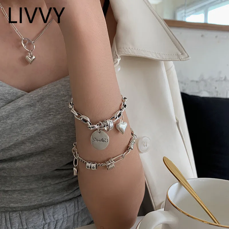 LIVVY, серебряный цвет, милый, любовь, сердце, улыбка, Круглый, брендовый браслет, женский, модный, ретро, простой, ювелирные подарки ручной работы