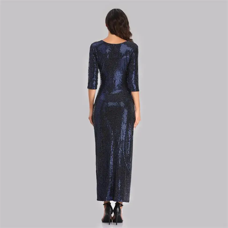 Ankle Length Sequined Mermaid Evening Dress with High Split Charming Long Sleeve V Neck Formal Party Dress Vestidos Real Photo