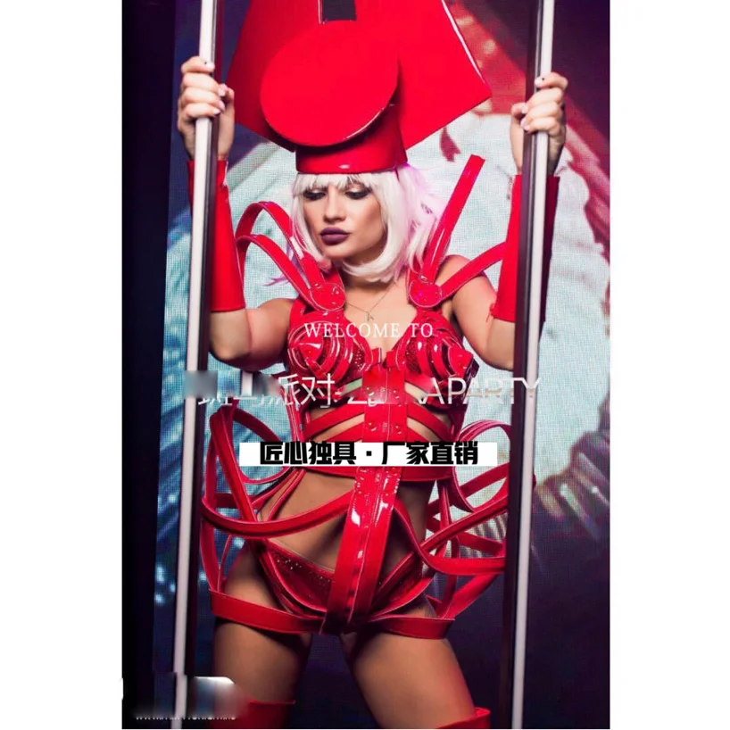 Nightclub party girl stage show dance wear Red Patent leather hollow one-piece birdcage costume