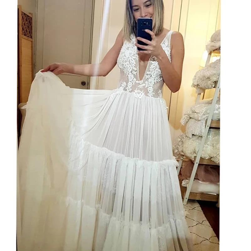 Robe de mariée en mousseline de soie, Style bohémien, Sexy, décolleté en v profond, ligne a, longueur au sol, dentelle, dos nu, sans manches, nouvelle collection 2021