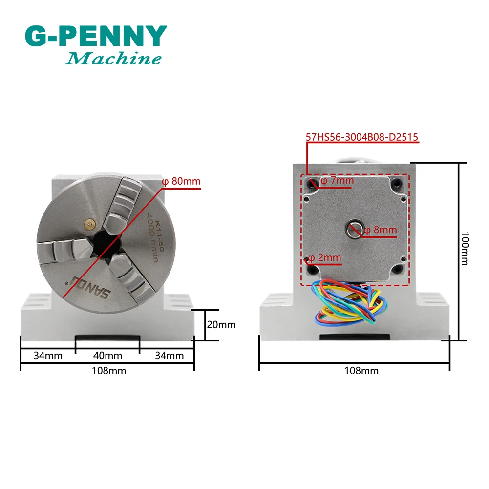 G-penny 3/4 Jaw 80/100mm 4th Axis  dividing head/Rotation Axis kit Nema23 Gapless harmonic gearbox for woodworking machine