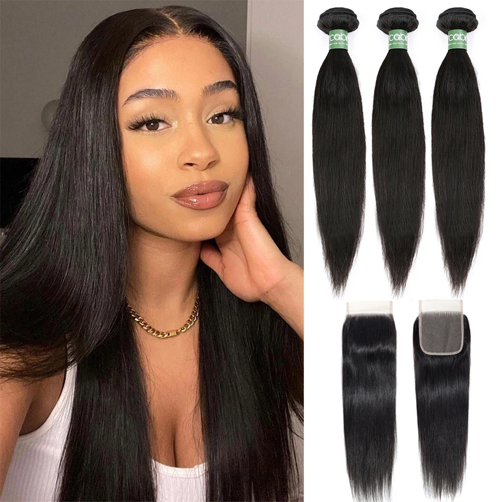 

Aricabin Brazilian Straight Bundles With Closure Remy Hair Weaves Bone Straight 3/4 Human Hair Bundles With Closure