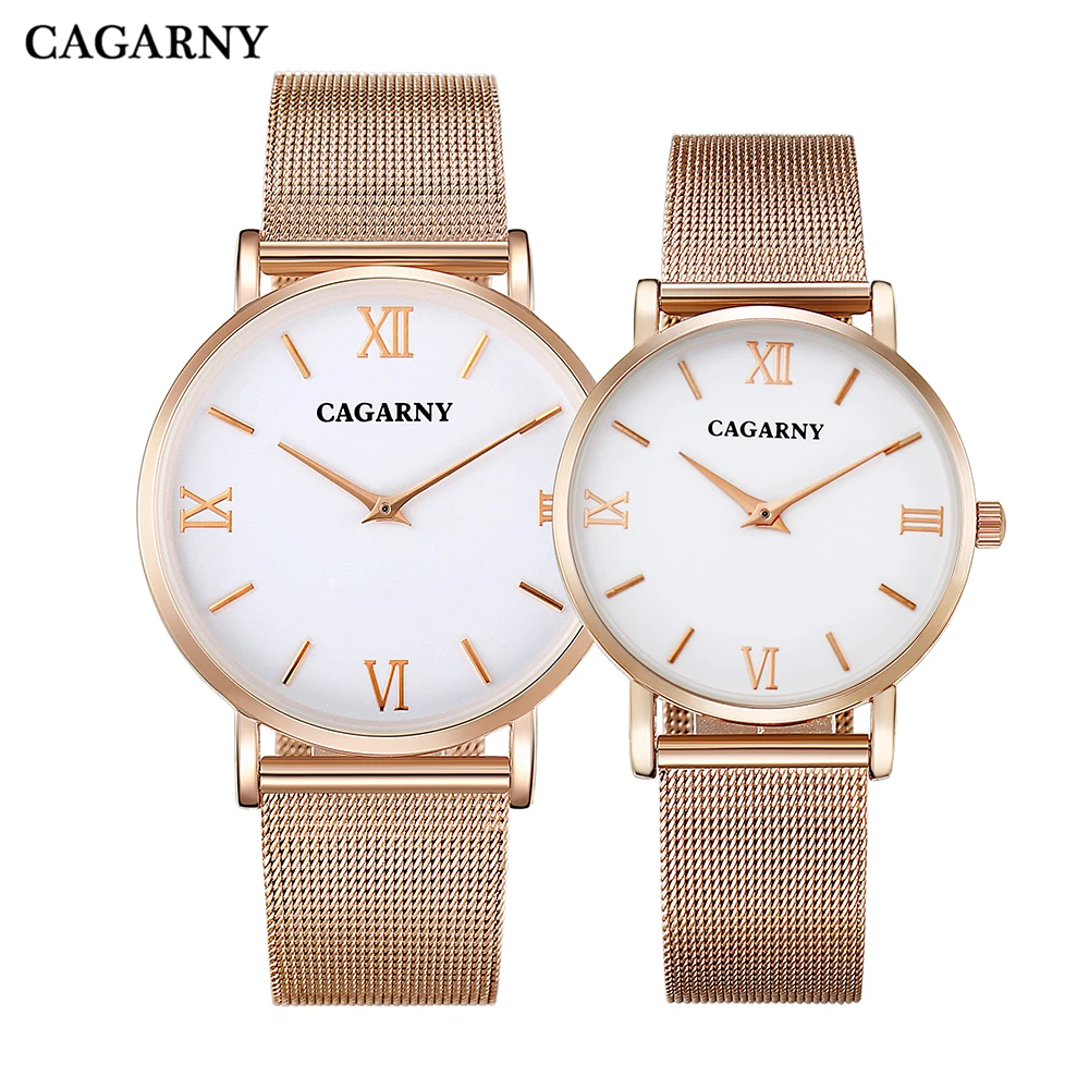 

CAGARNY High Quality Ultra-thin Watch Men Women Stainless Steel Mesh Band Rose Gold Watches Lover's Fashion Couples Wristwatch