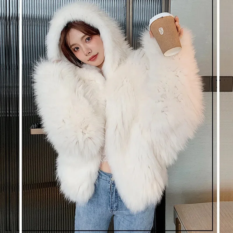 Celebrities Female Bat Sleeve Loose Hooded Korean Lmitate Fur Coat Young Women Mid-length Casual Lazy Style Fox Fur Jacket A936