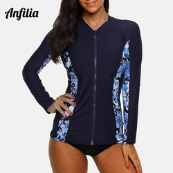 Anfilia-maiô estampado floral de manga comprida para mulheres, top Rashguard com zíper, moda praia, surf, corrida, maiô, UPF50 +