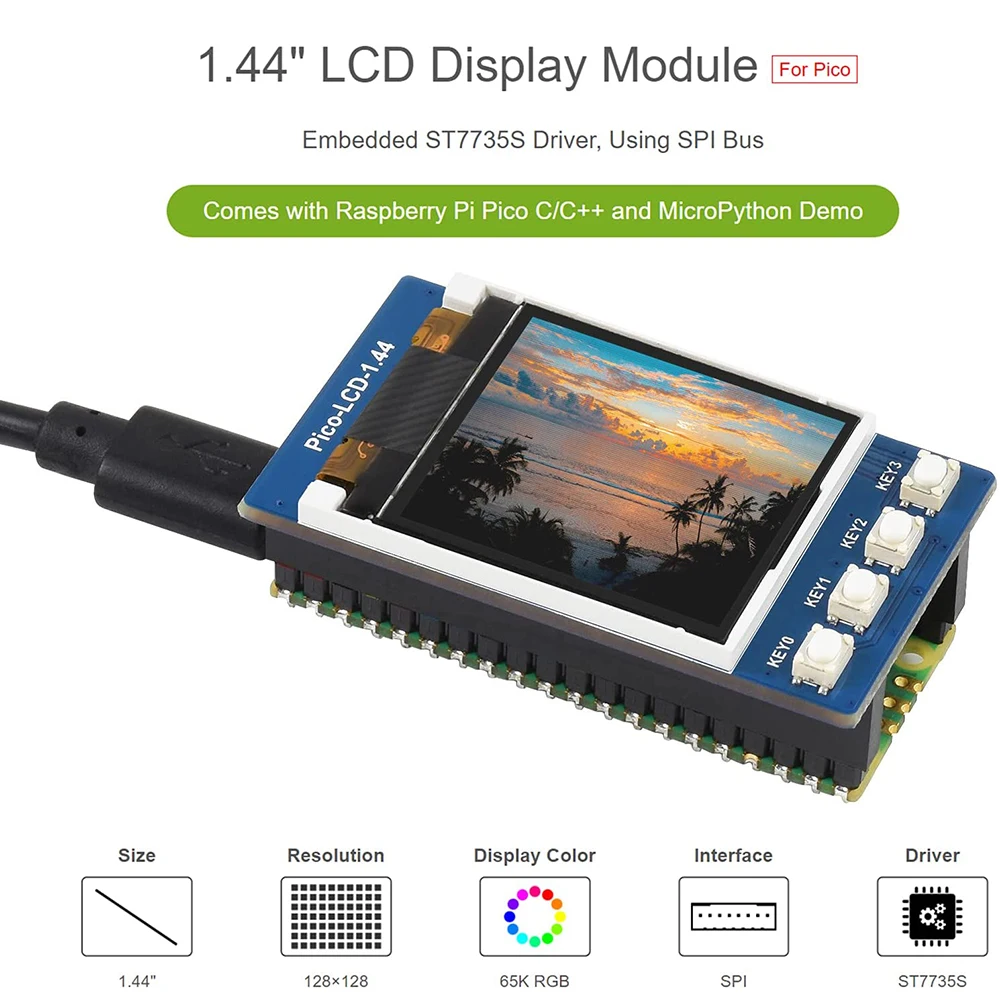 1.44 inch LCD Display for Raspberry Pi Pico, 128×128 Color Screen TFT Display Module SPI Interface Compatible with Raspberry Pi