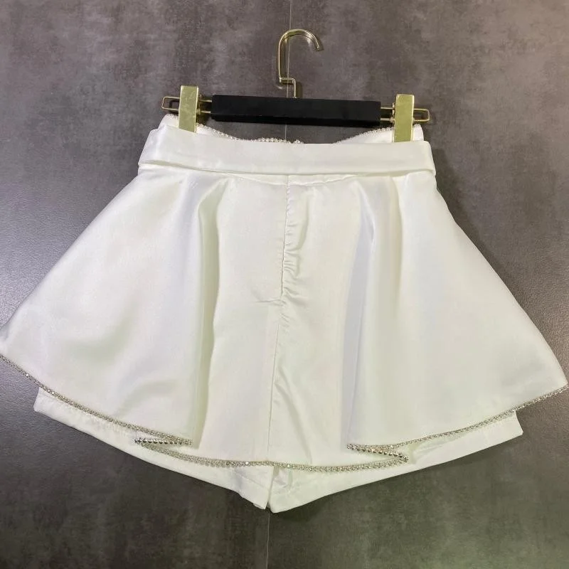 

New Summer Women Bling Diamonds Petal Shorts Skirts Casual Ladies Belted Slim Fit Wide Leg Shorts White Short Trousers