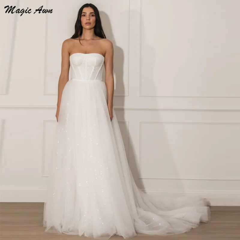 Magia awn brilhante praia vestidos de casamento 2021 sem alças simples boho glitter sem mangas país vestido de festa de casamento vestidos personalizados