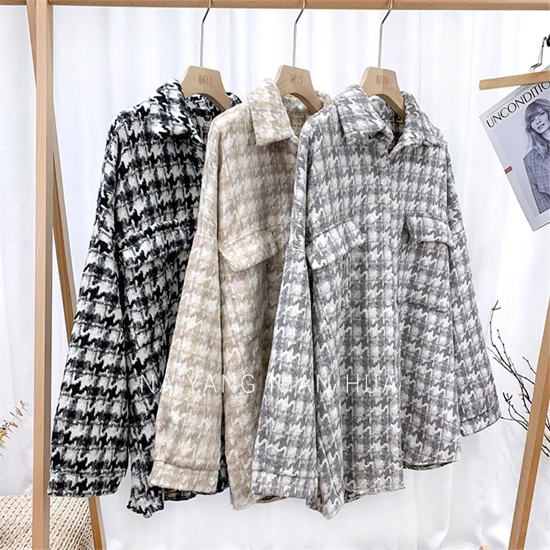 Autumn Winter Thick Warm Plaid Shirt Jacket Women Lapel Long Sleeve Fashion Houndstooth Shirt Coat Loose Womens tops and Blouses