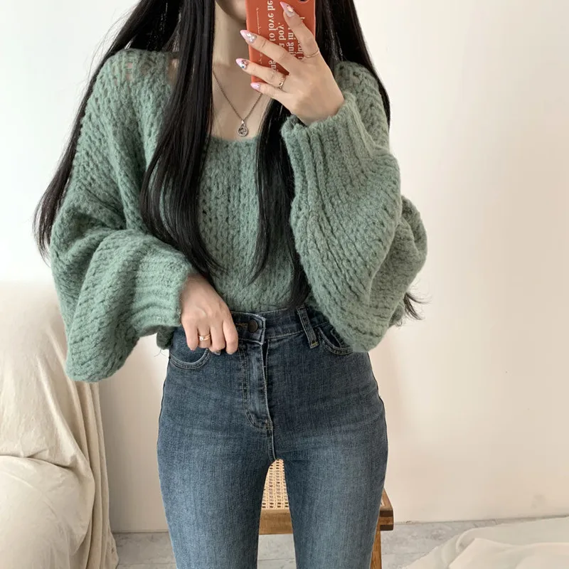 PLAMTEE 2022 New Autumn Women Sweater O Neck Lantern Sleeve Loose Casual Basic All-Match Minimalist Women Hot Pullover