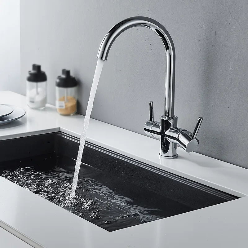 ROVADE 3 way Filter Kitchen Faucet, Brass Torneira Sink Mixer Tap 360 Rotation with Water Purification Features Kitchen Crane