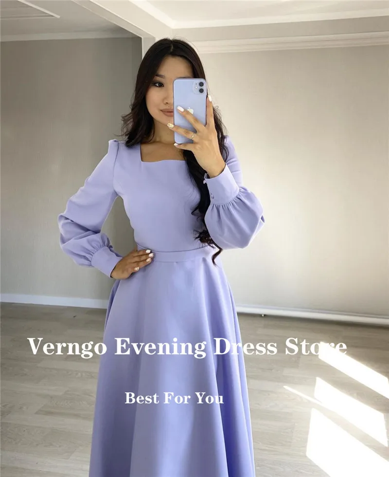 Verngo-Vestidos de Noche de satén elásticos de lavanda para mujer, vestidos de manga larga con cuello cuadrado, longitud hasta el tobillo modesta, formales