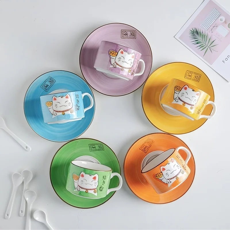 Coffee Cup Waterware Lucky Cat Dish Saucer Spoon Set Gift Box Japanese Green Handle Cartoon Tea Drinkware Home Kitchen Supplies