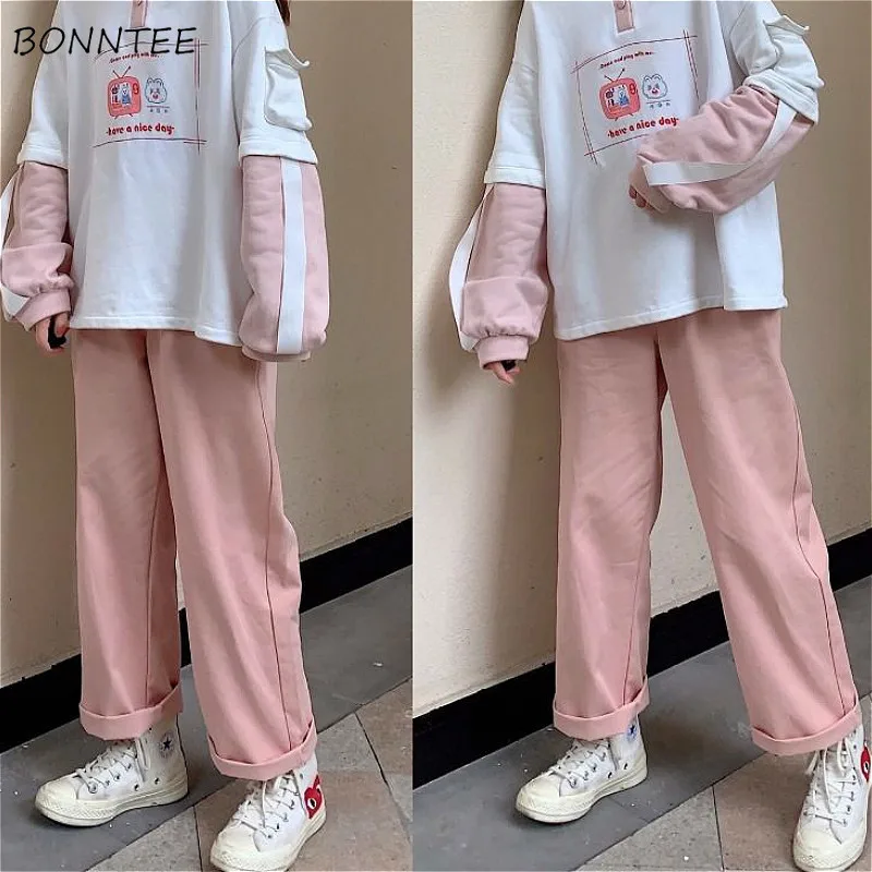 

Pants Women Overisze Lovely Ping College Style Korean Elastic Waist Trendy Teens Wide Leg Trousers All-match Simple Womens Pant