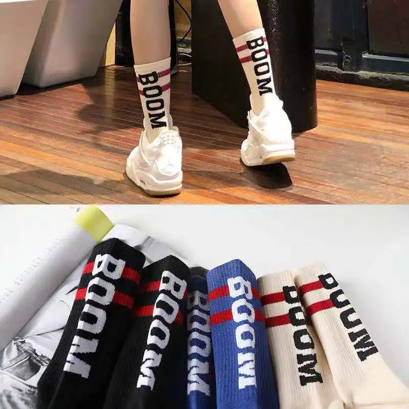 

5 pairs Tide brand socks male letter BOOM tube socks female street hip-hop wild high-top skateboard socks