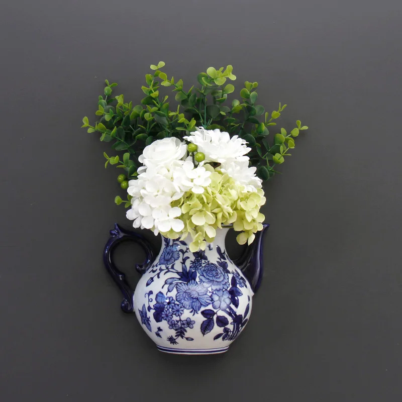 Teapot Shape Vase Metope Vase Ceramic Wall Hanging Flower Receptacle Jingdezhen Blue and White Porcelain Flower Vases