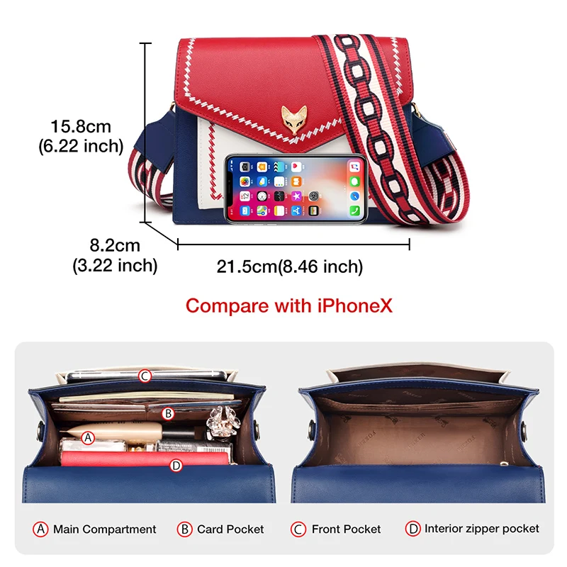 FOXER Brand Women Messenger Crossbody Bag Lady Colorful Panelled Flap Designer Shoulder Bag Fashion Split Leather Bag For Female