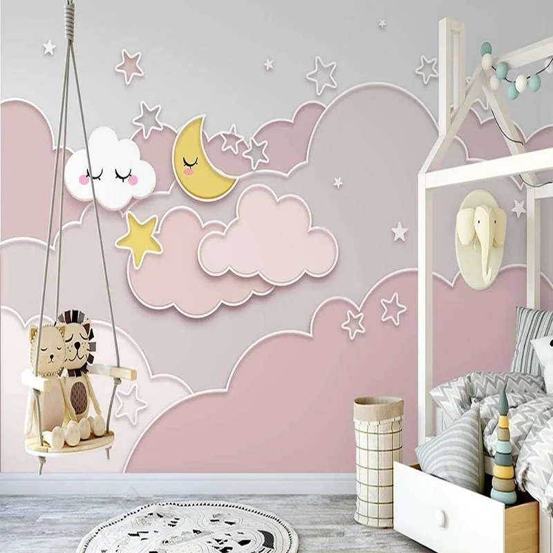 Papel De Parede Custom Wall Murals Wallpaper Painting Nordic Pink Starry Sky Clouds Living Room TV Backdrop For Bedroom טפט לשיש