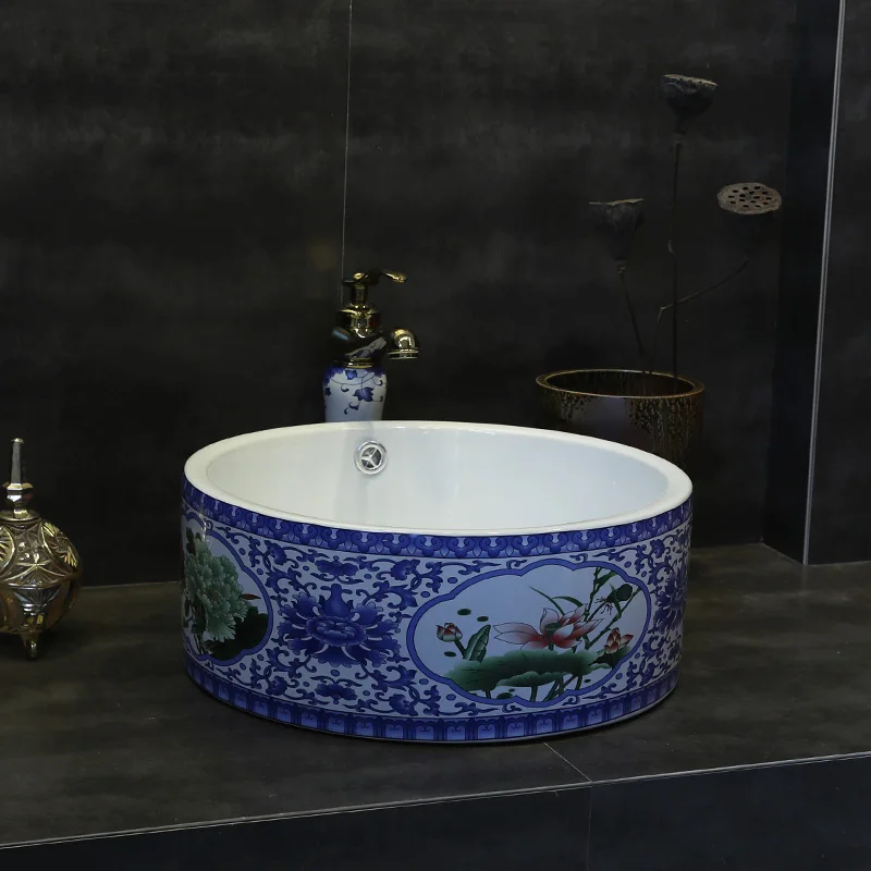 

China Artistic Procelain Handmade Europe Vintage Lavabo Washbasin Ceramic Bathroom Sink Counter Top wash basin blue white