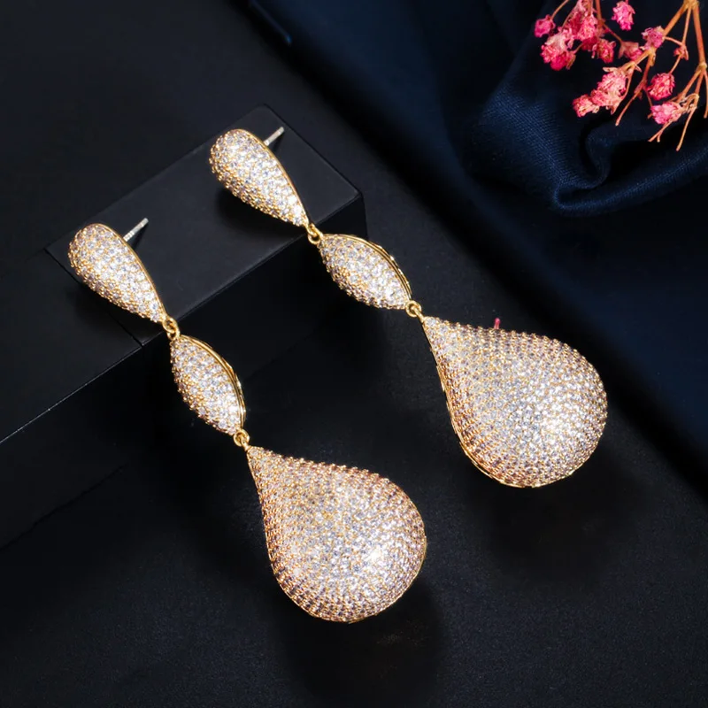 Pera Luxury Big Disco Ball Hot Pink CZ Stone Aesthetic Black Gold Color Long Engagement Party Dangle Earrings for Women E597