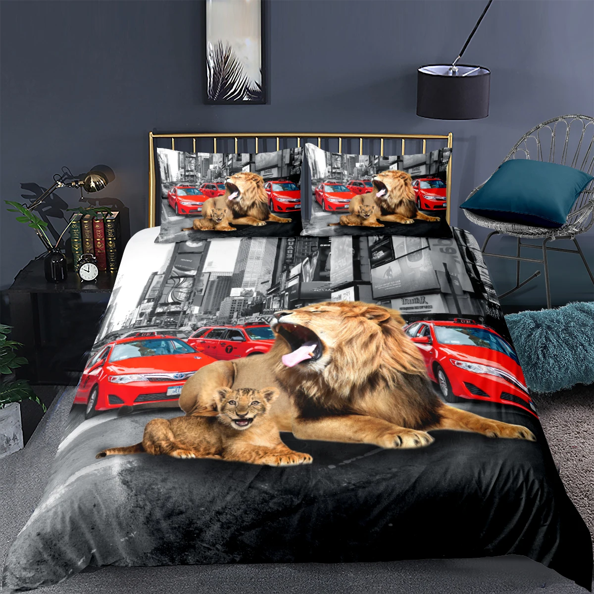 3D Gray Quilt Cover Sets Lion Linens Bed and Pillow Covers Full Double Single Twin Queen Size 140*200cm Animals Bedclothes