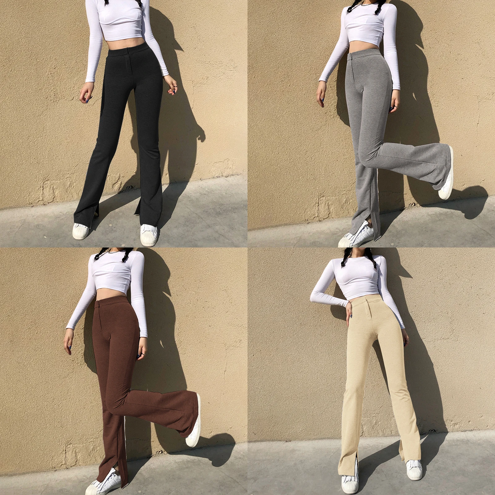 Women Fashion Split Flare Pants Solid Color Slim Fit Legging Sweatpants Casual Elastic High Waist Bell-Bottoms Trousers