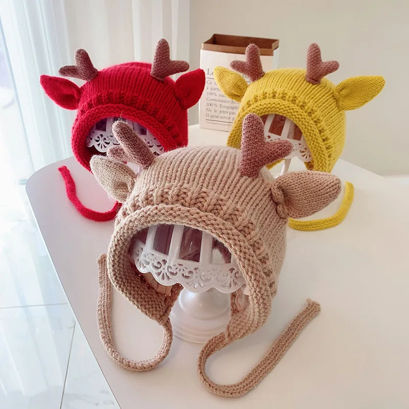 Cute Elk Antlers Baby Hat Winter Warm Knitted Baby Boy Girl Cap Ear Protection Hats Solid Color Kids Children Cap Beanies bonnet