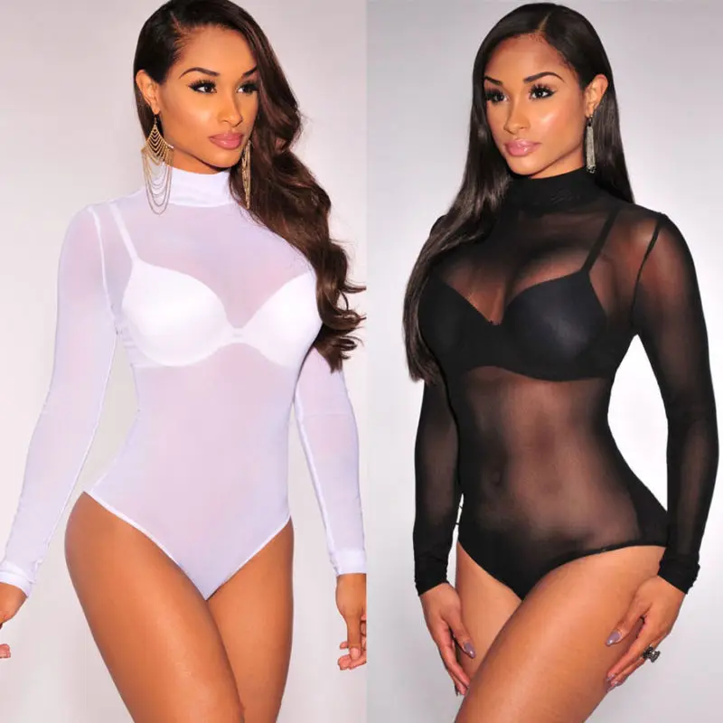 Women's Mesh Sheer Bodysuit Solid Color Long Sleeve See-through Bodycon Romper Casual Stretch Leotard Top Short Jumpsuit