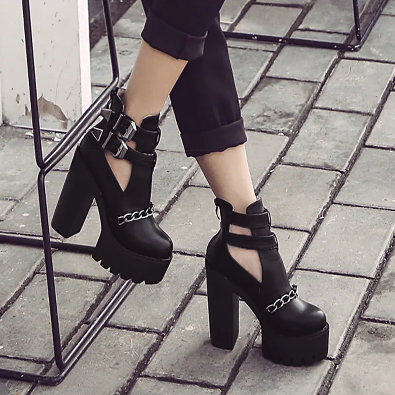 Comemore Spring Autumn Demi-season Punk Ankle Boots For Women High Heels Booties Woman 2022 Chain Thick Heels Platform Shoes 42