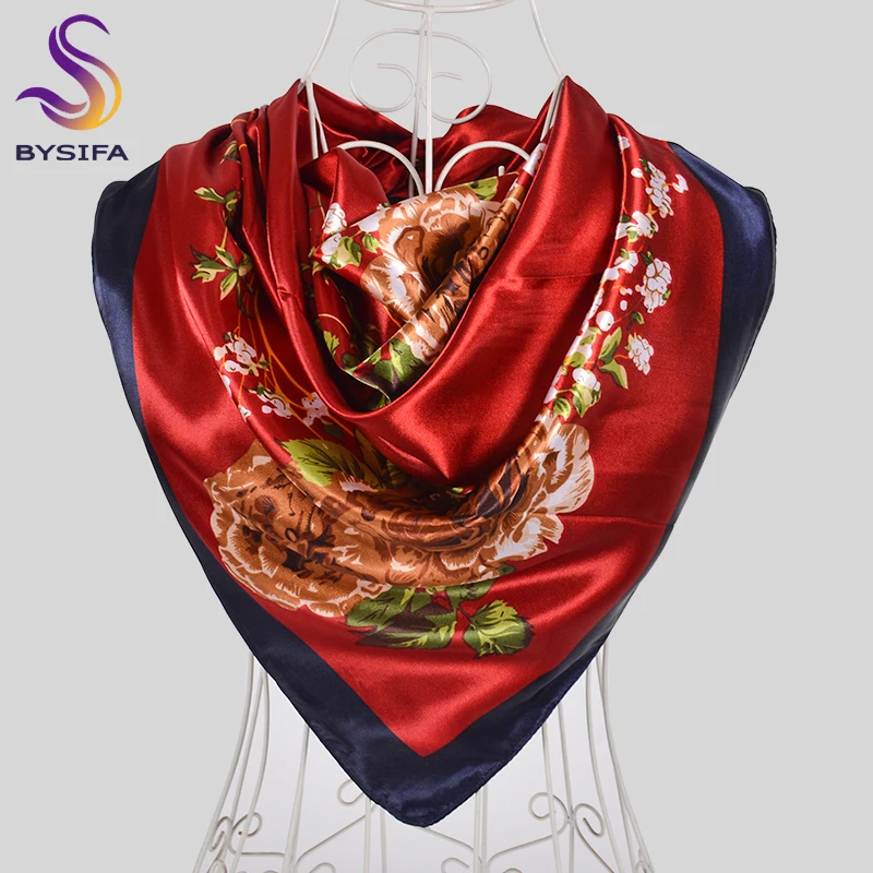 [BYSIFA] Chinese Style Peony Silk Scarf Shawl Women Army Green Large Square Scarves Wraps Muslim Ladies Head Neck Scarf Hijab