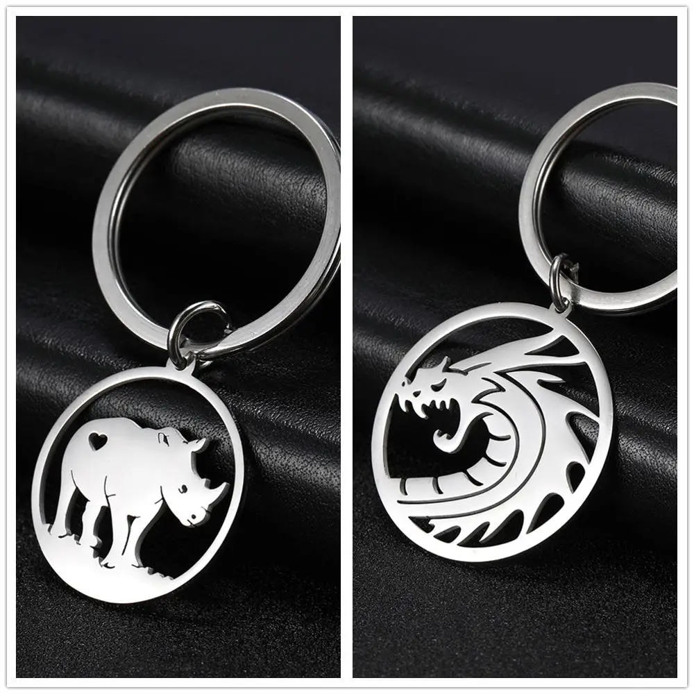 SKYRIM Chinese Dragon Rhinoceros Round Car Keychain Animal Stainless Steel Key Chains Key-ring Holder Pendant For To Bag Unisex