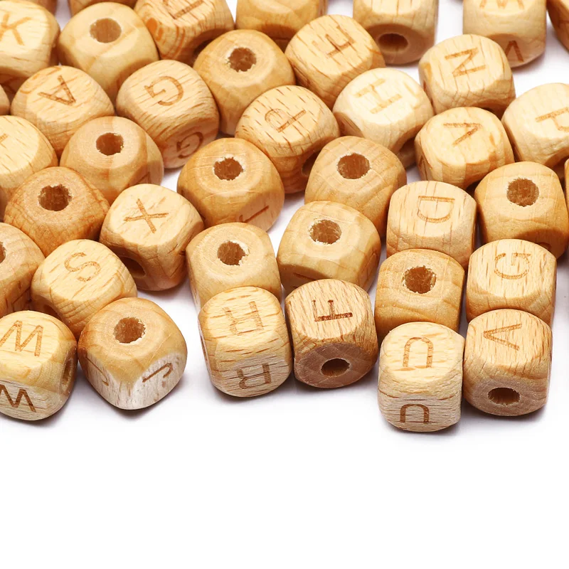 12mm Natural Beech Wooden Letter Beads Alphabet Square Cube Loose Spacer Wood Beads For Jewelry Making Diy Necklace Bracelet