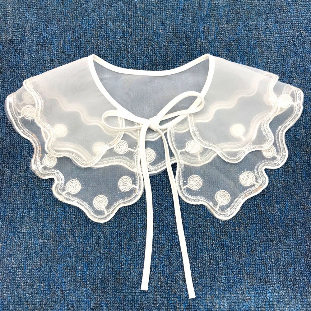 Women Girls Chiffon Lace Fake False Collar Decorative Double Layer Ruffles Embroidery Choker Blouse Shawl Bowtie