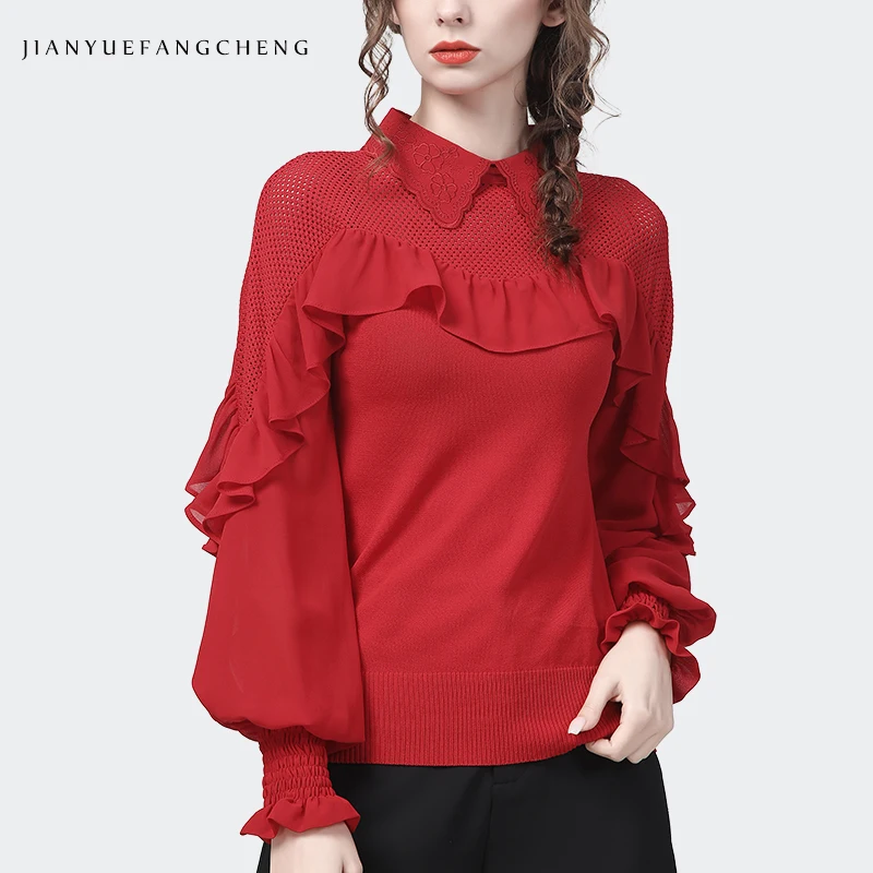 2023 Spring New Womens Long Sleeve Embroidered Knitted Shirt Elegant Ruffles Pointed Collar Red Lantern Sleeve Pullovers Tops