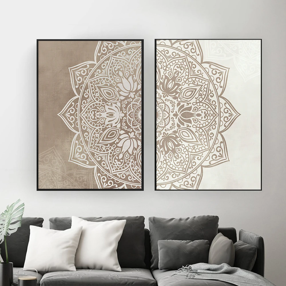 Beige Taupe Mandala Wall Art Canvas Poster Islamic Allah Floral Print Nordic Decorative Picture Painting Modern Interior Decor