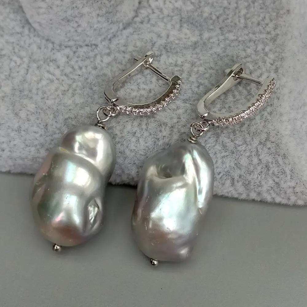 YYGEM natural Cultured Silver Gray Nucleated Flameball Baroque Pearl Cubic Zirconia Pave LeverBack  dangle Earrings - view 6