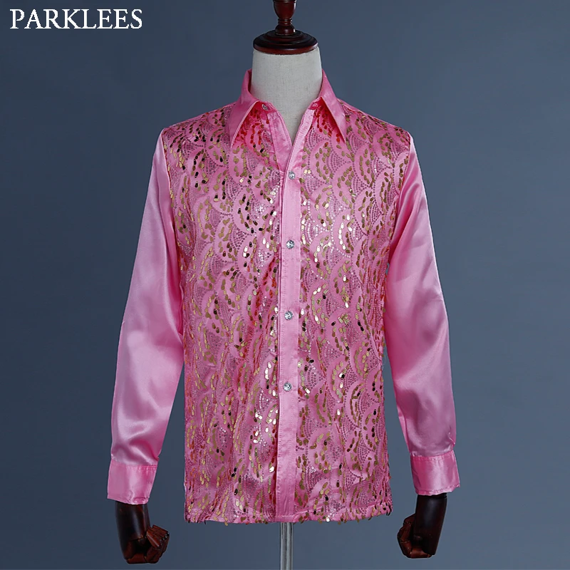 Red Silk Satin Men Shirt Sequin Wedding Party Men Dress Shirt Disco Stage Dancer Men Long Sleeve Fashion Patchwork Shirts Mens