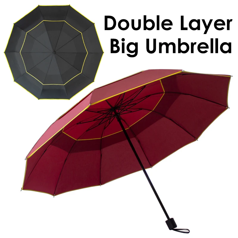 Windproof Big Umbrella Rain Men Women Double Layer 3 Folding Quality Strong Umbrella Portable Travel Colorful Golf Umbrellas