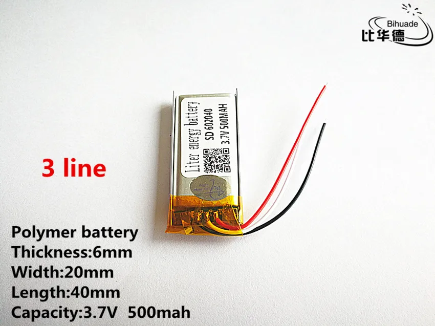 

10pcs/lot 3 line Good Qulity 3.7V,500mAH,602040 Polymer lithium ion / Li-ion battery for TOY,POWER BANK,GPS,mp3,mp4