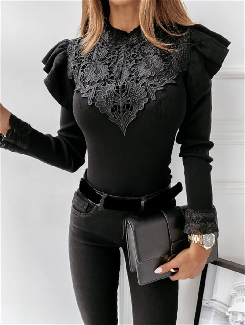 HONGHANYUAN to XXXL Women's Fashion Shirt Casual Lace Long Sleeve Tops Soft Cotton T-shirt O-neck Female Clothing White Black