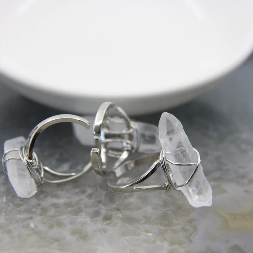 Minimalist Natural White Quartz Points Stick Adjustable Ring,Healing Crystal Quartz Chakra Gemstone Simple Style Ring Jewelry