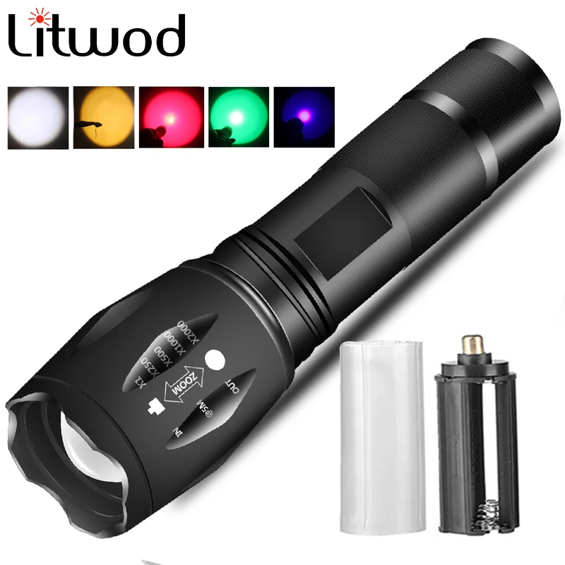 XM-L2 U3 T6 Tactical Led Flashlight Zoomable Waterproof Torch White Yellow Red Green Blue 6 Colors Uv Light Lantern for Camping