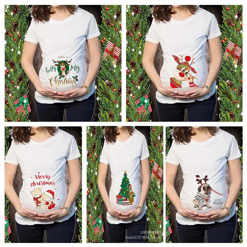 Christmas T-shirt Christmas Elk Snowman Cartoon Print Maternity Clothing Short Sleeve Top Pregnancy T-shirt